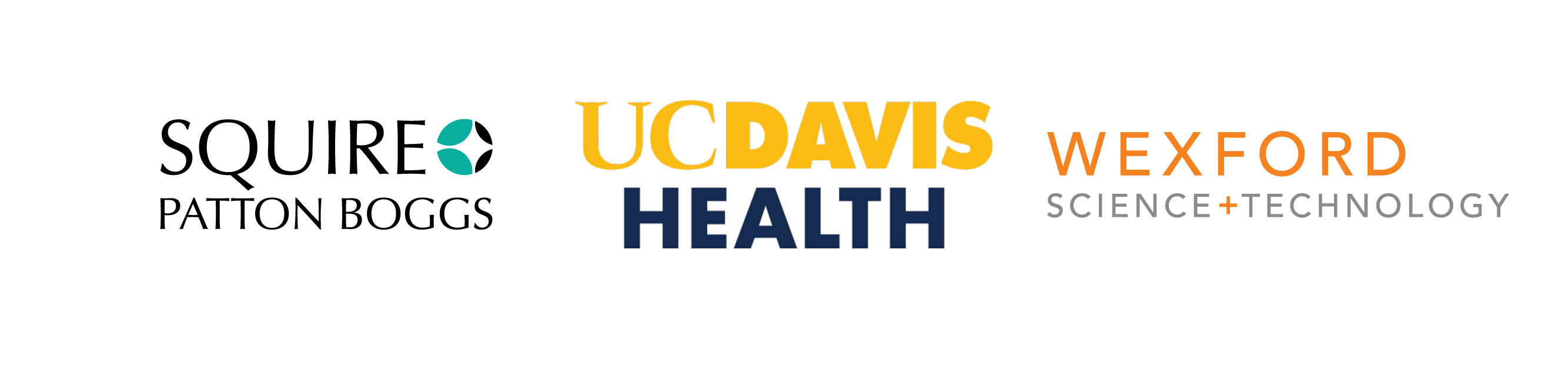 A graphic displaying logos for the following organizations: Square Patton Boggs, UC Davis Health, and Wexford Science + Technology