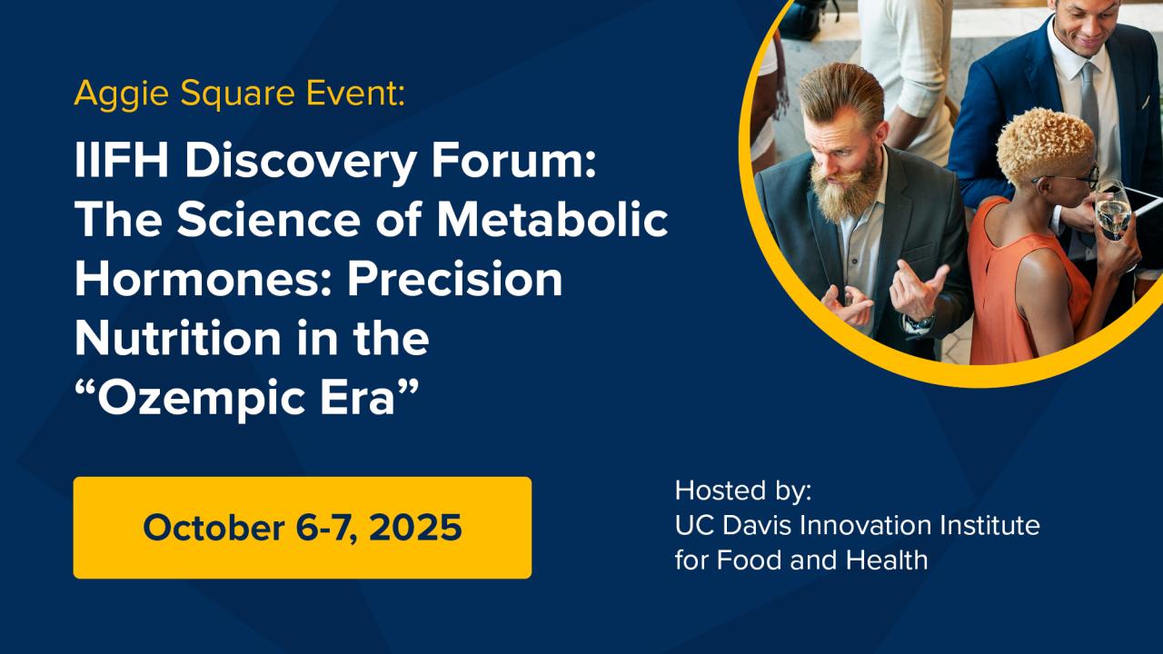 Graphic with a photo of people mingling and an event title in white lettering called: IIFH Discovery Forum | The Science of Metabolic Hormones: Precision Nutrition in the “Ozempic Era”