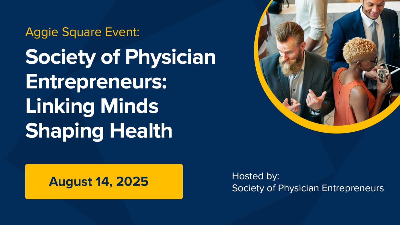 Graphic with a photo of people mingling and an event title: Society of Physician Entrepreneurs: Linking Minds Shaping Health