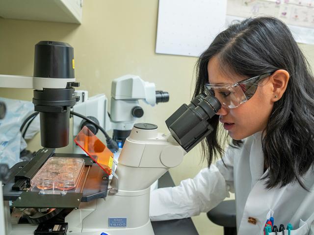 A female scientist looks through a microscope.